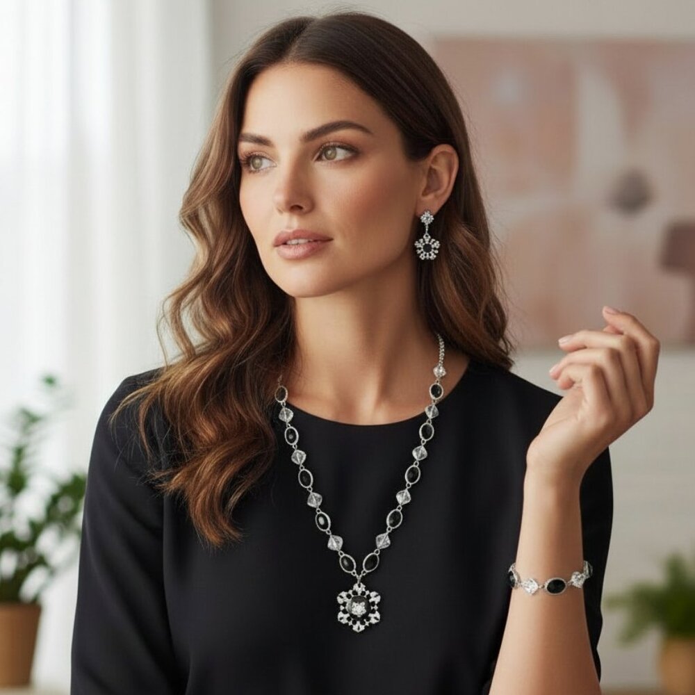 Black and Clear Crystal Pendant Necklace, vintage inspired, beaded statement
